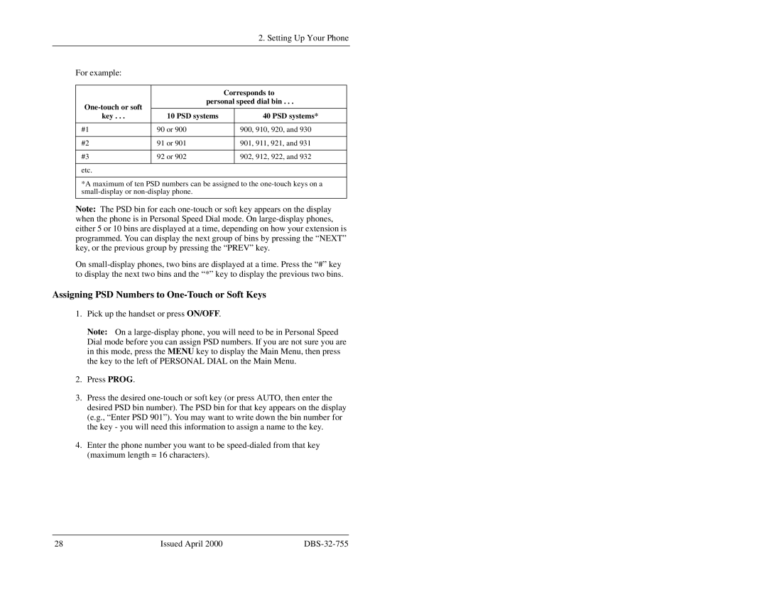 Panasonic 44-Series manual Assigning PSD Numbers to One-Touch or Soft Keys, For example 