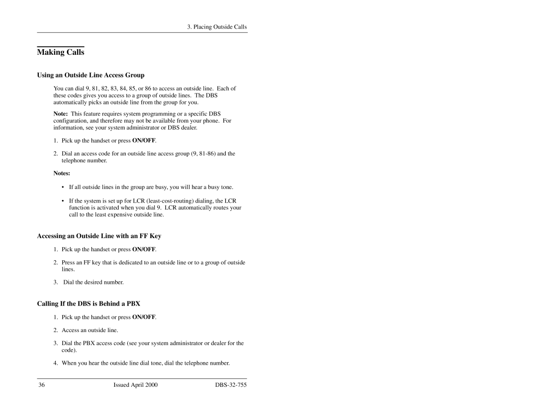 Panasonic 44-Series manual Making Calls, Using an Outside Line Access Group, Accessing an Outside Line with an FF Key 