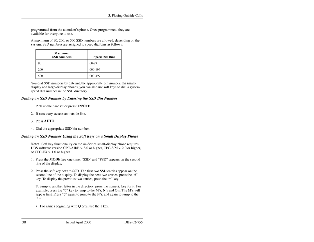 Panasonic 44-Series manual Dialing an SSD Number by Entering the SSD Bin Number 