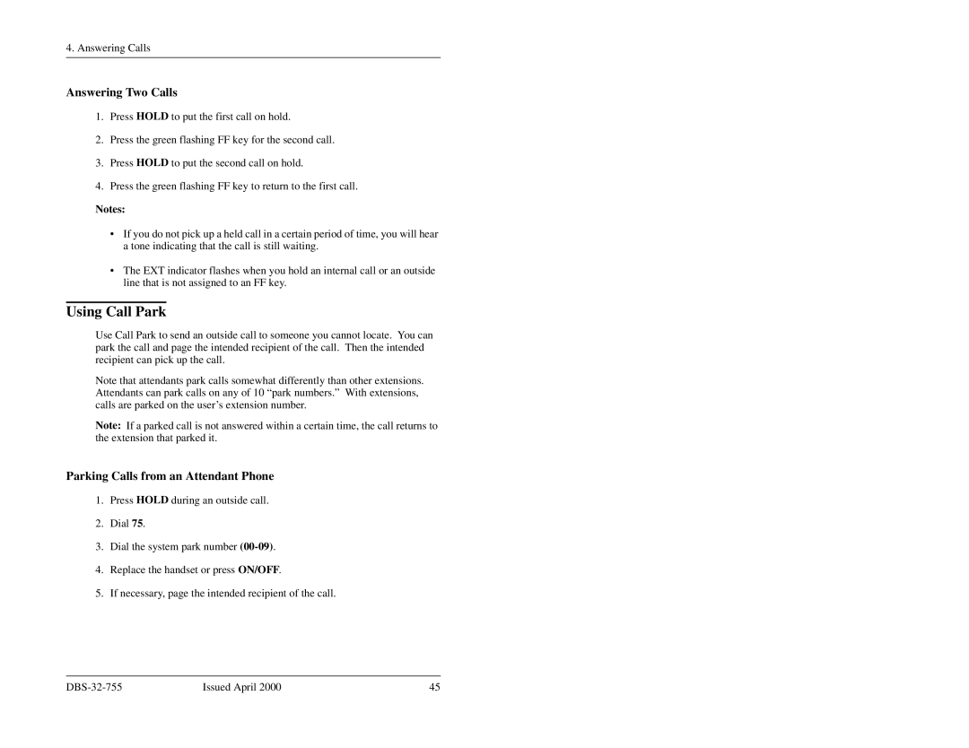 Panasonic 44-Series manual Using Call Park, Answering Two Calls, Parking Calls from an Attendant Phone 