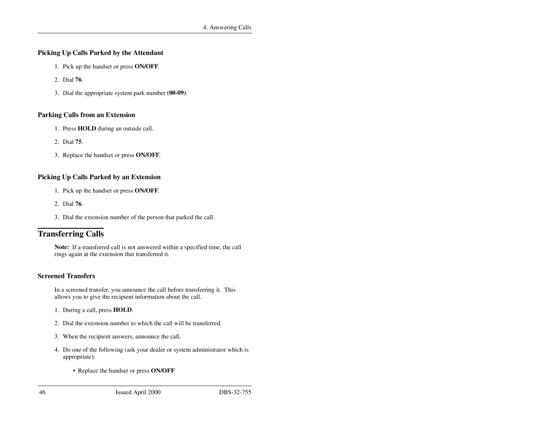 Panasonic 44-Series manual Transferring Calls, Picking Up Calls Parked by the Attendant, Parking Calls from an Extension 