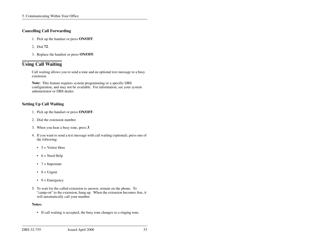 Panasonic 44-Series manual Using Call Waiting, Cancelling Call Forwarding, Setting Up Call Waiting 