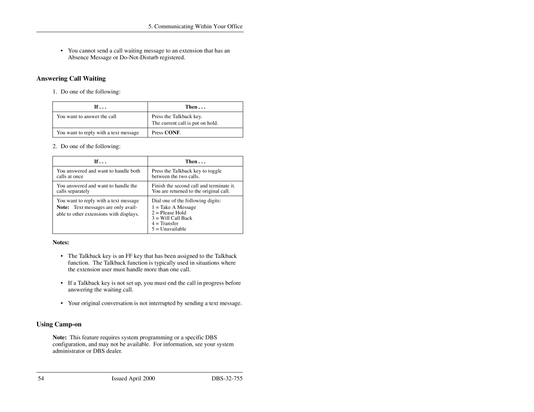 Panasonic 44-Series manual Answering Call Waiting, Using Camp-on 