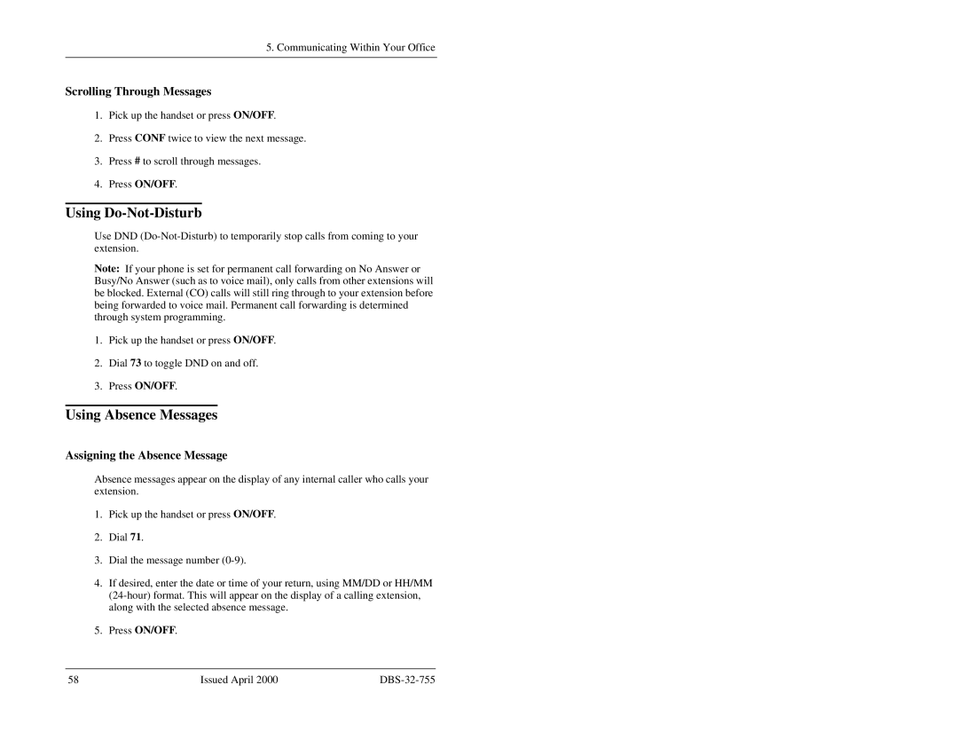 Panasonic 44-Series manual Using Do-Not-Disturb, Using Absence Messages, Scrolling Through Messages 