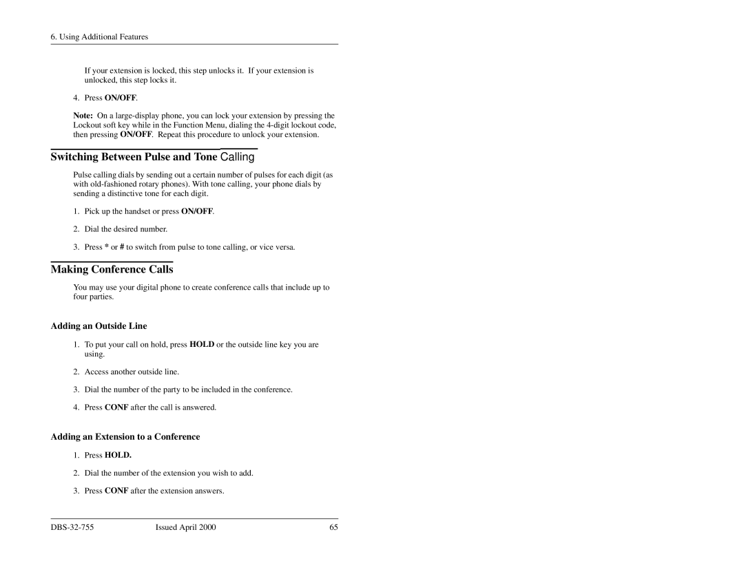 Panasonic 44-Series manual Switching Between Pulse and Tone Calling, Making Conference Calls, Adding an Outside Line 