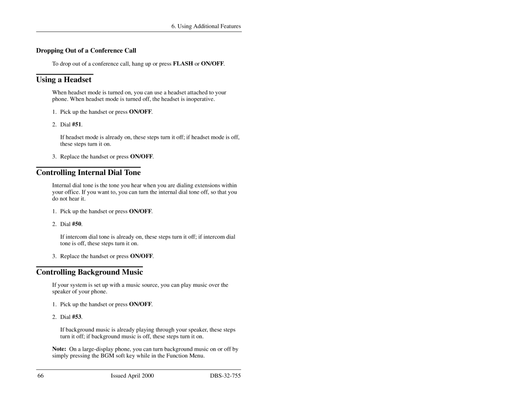 Panasonic 44-Series manual Using a Headset, Controlling Internal Dial Tone, Controlling Background Music 