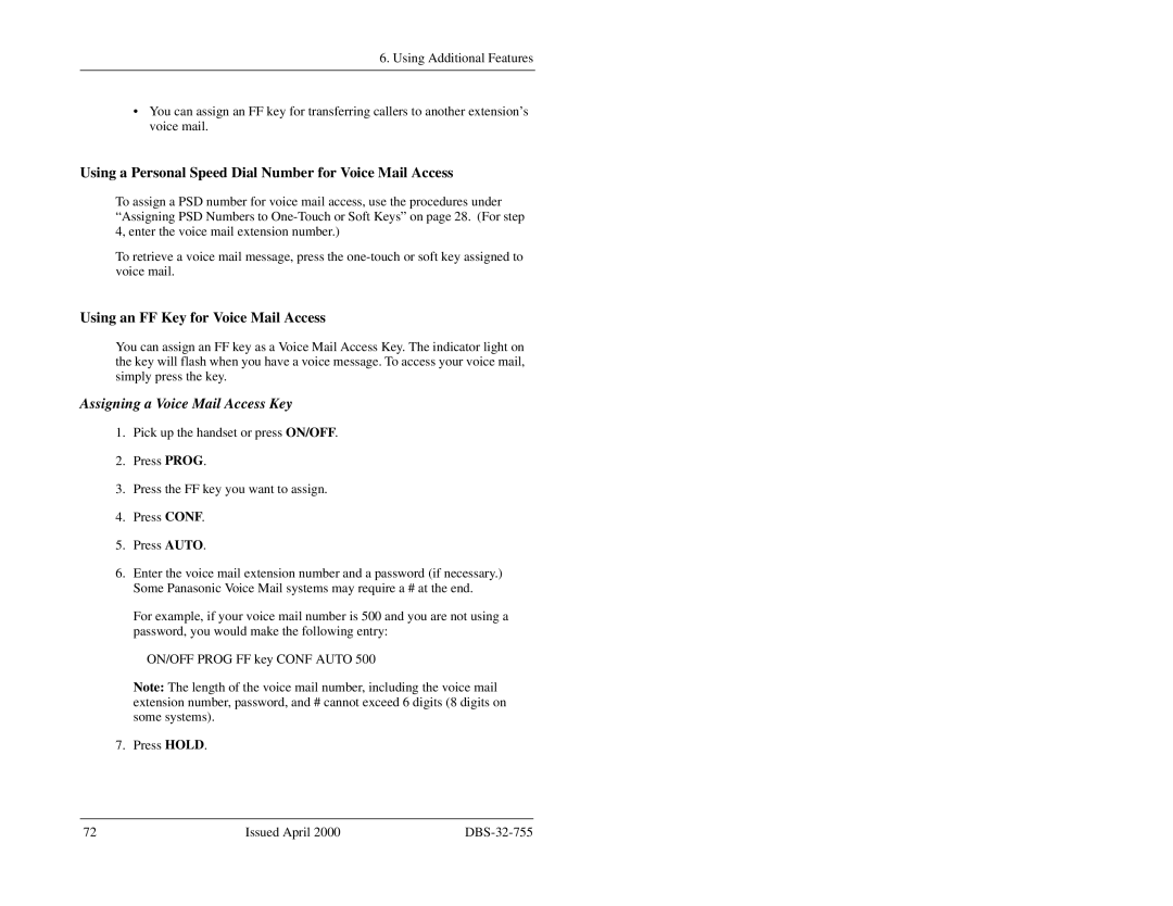 Panasonic 44-Series manual Using a Personal Speed Dial Number for Voice Mail Access, Using an FF Key for Voice Mail Access 