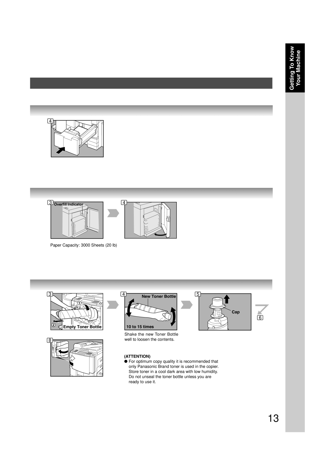 Panasonic 6020, 4520 manual Empty Toner Bottle, New Toner Bottle, 10 to 15 times, Cap 
