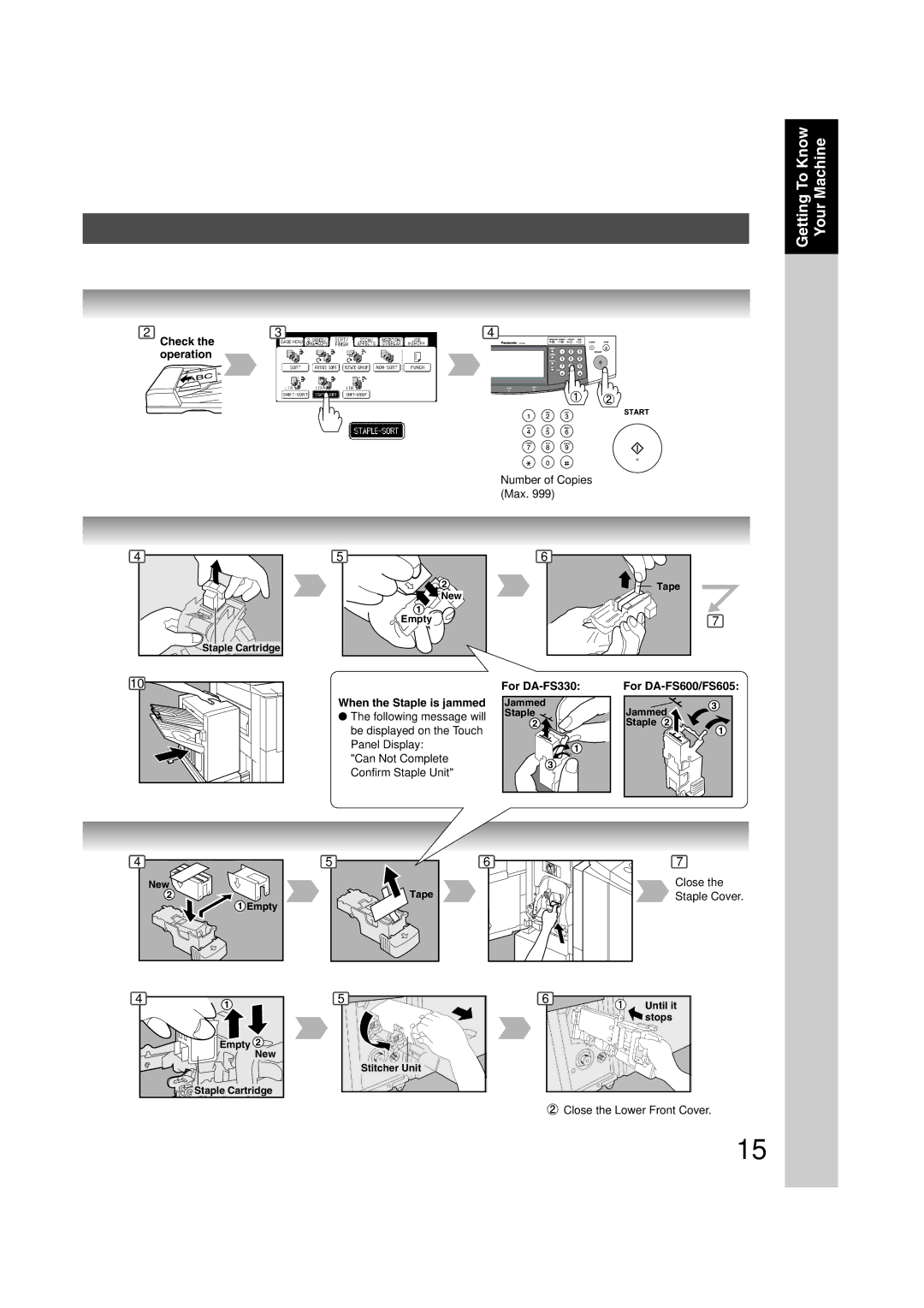 Panasonic 6020, 4520 manual Check the operation, For DA-FS330 For DA-FS600/FS605 When the Staple is jammed 