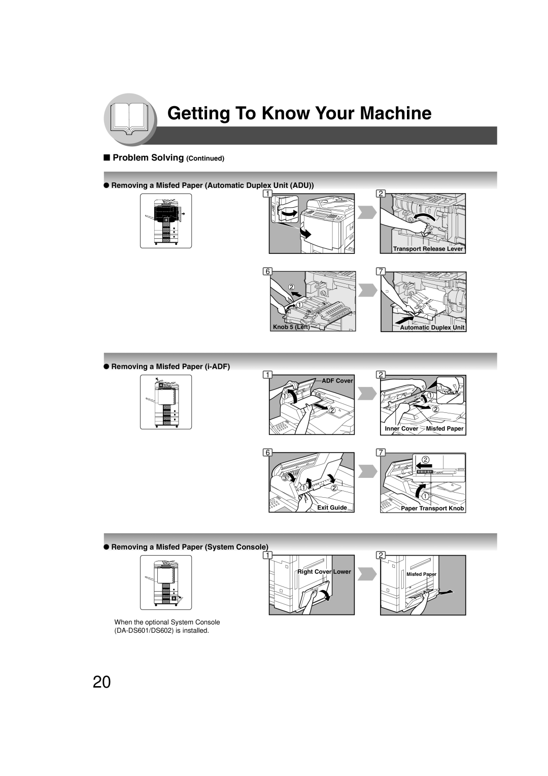 Panasonic 4520, 6020 manual Removing a Misfed Paper Automatic Duplex Unit ADU, Removing a Misfed Paper i-ADF 