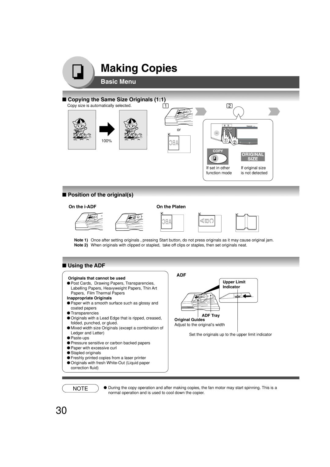 Panasonic 4520, 6020 Making Copies, Basic Menu, Copying the Same Size Originals, Position of the originals, Using the ADF 