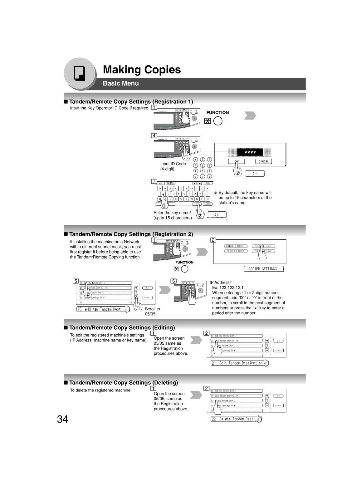 Panasonic 4520, 6020 manual Tandem/Remote Copy Settings Registration, Tandem/Remote Copy Settings Editing 