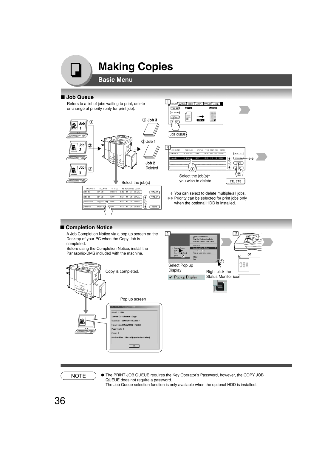 Panasonic 4520, 6020 manual Job Queue, Completion Notice, Select the jobs 