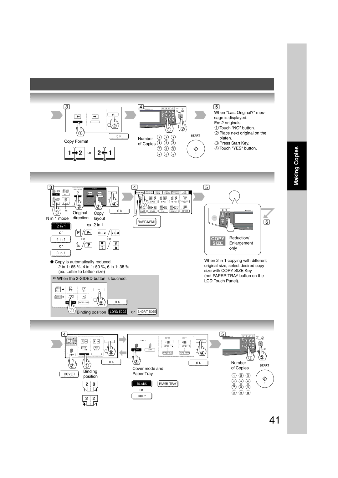 Panasonic 6020, 4520 manual Binding Cover mode and Paper Tray Number Copies Position 