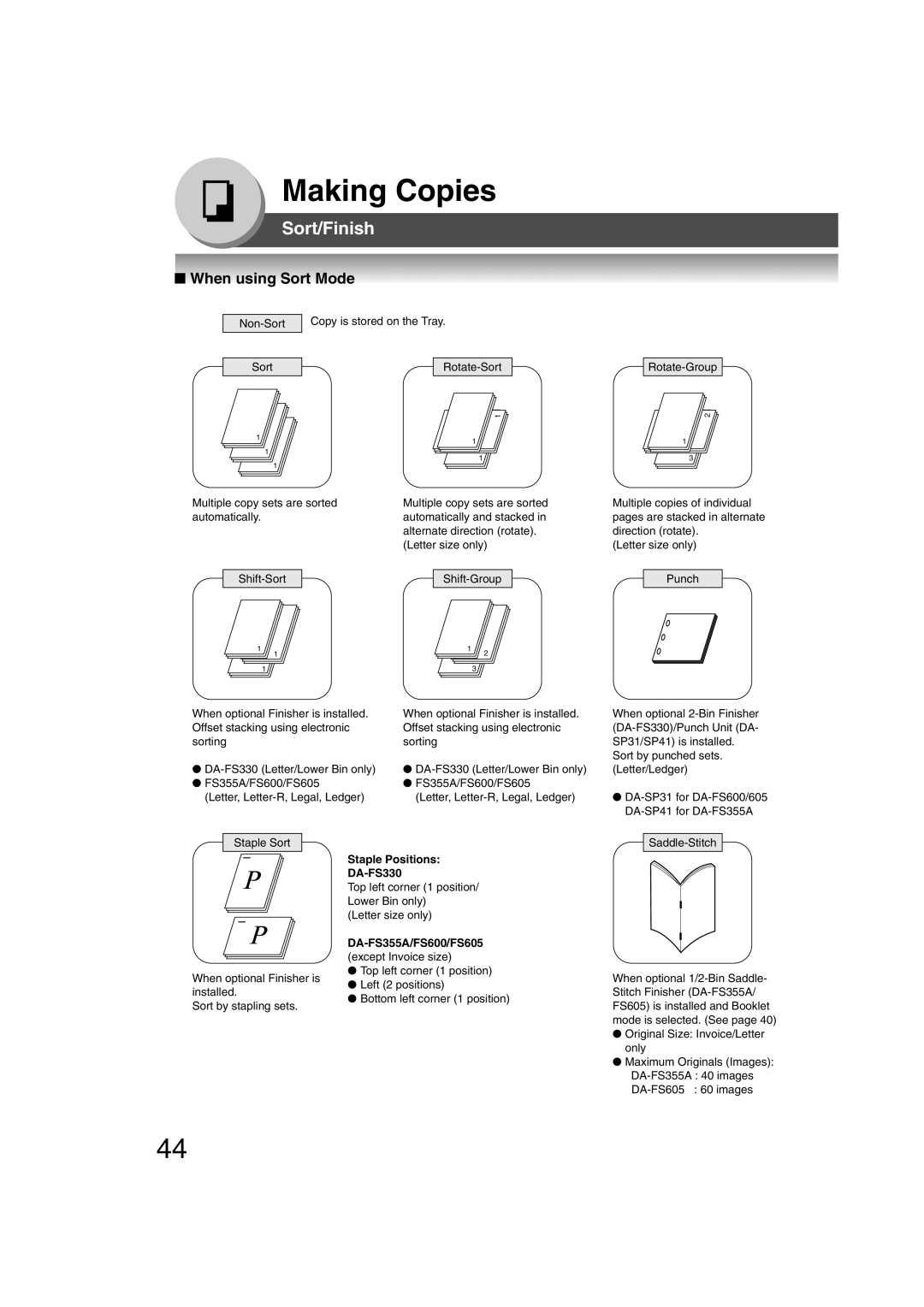 Panasonic 4520, 6020 manual Sort/Finish, When using Sort Mode, Staple Positions DA-FS330 