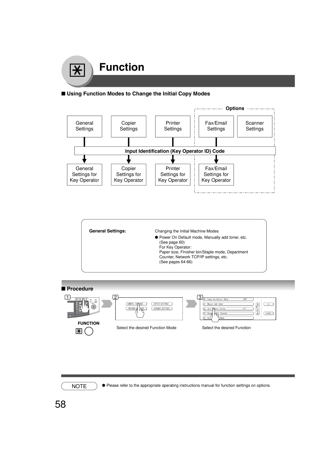 Panasonic 4520, 6020 manual Using Function Modes to Change the Initial Copy Modes, Procedure, General Settings 