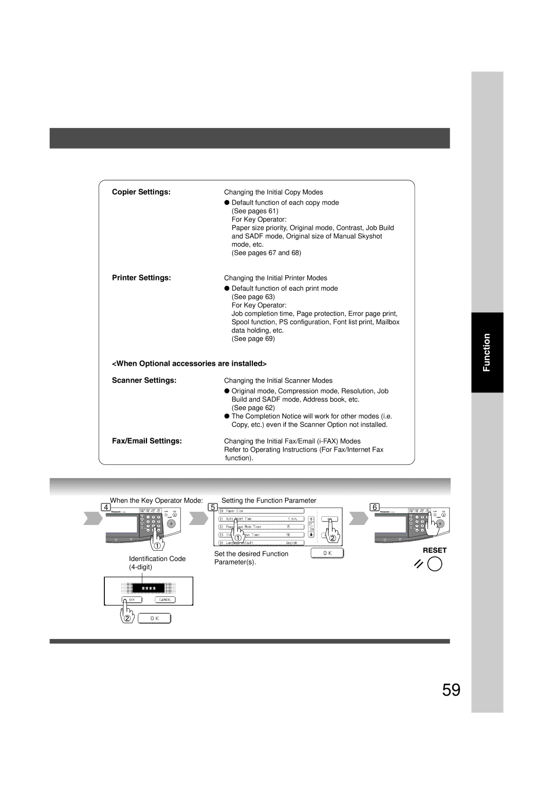 Panasonic 6020, 4520 manual Copier Settings, Printer Settings, When Optional accessories are installed Scanner Settings 