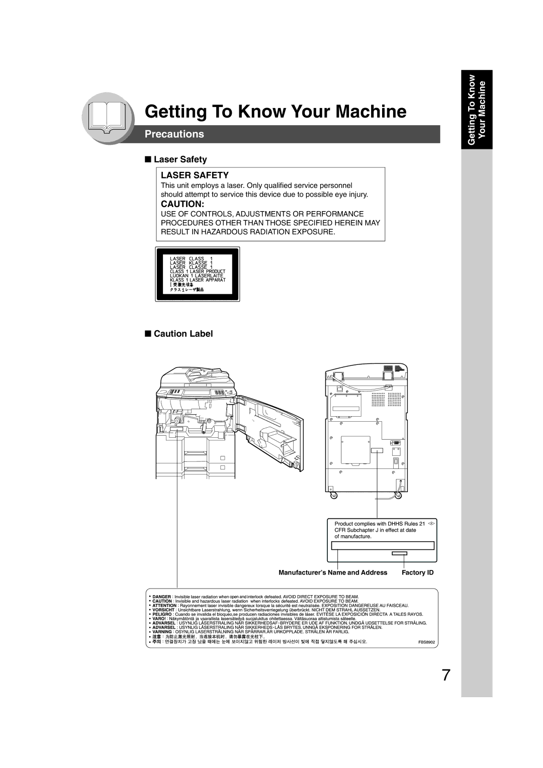 Panasonic 6020, 4520 manual Precautions, Laser Safety, Manufacturer’s Name and Address Factory ID 