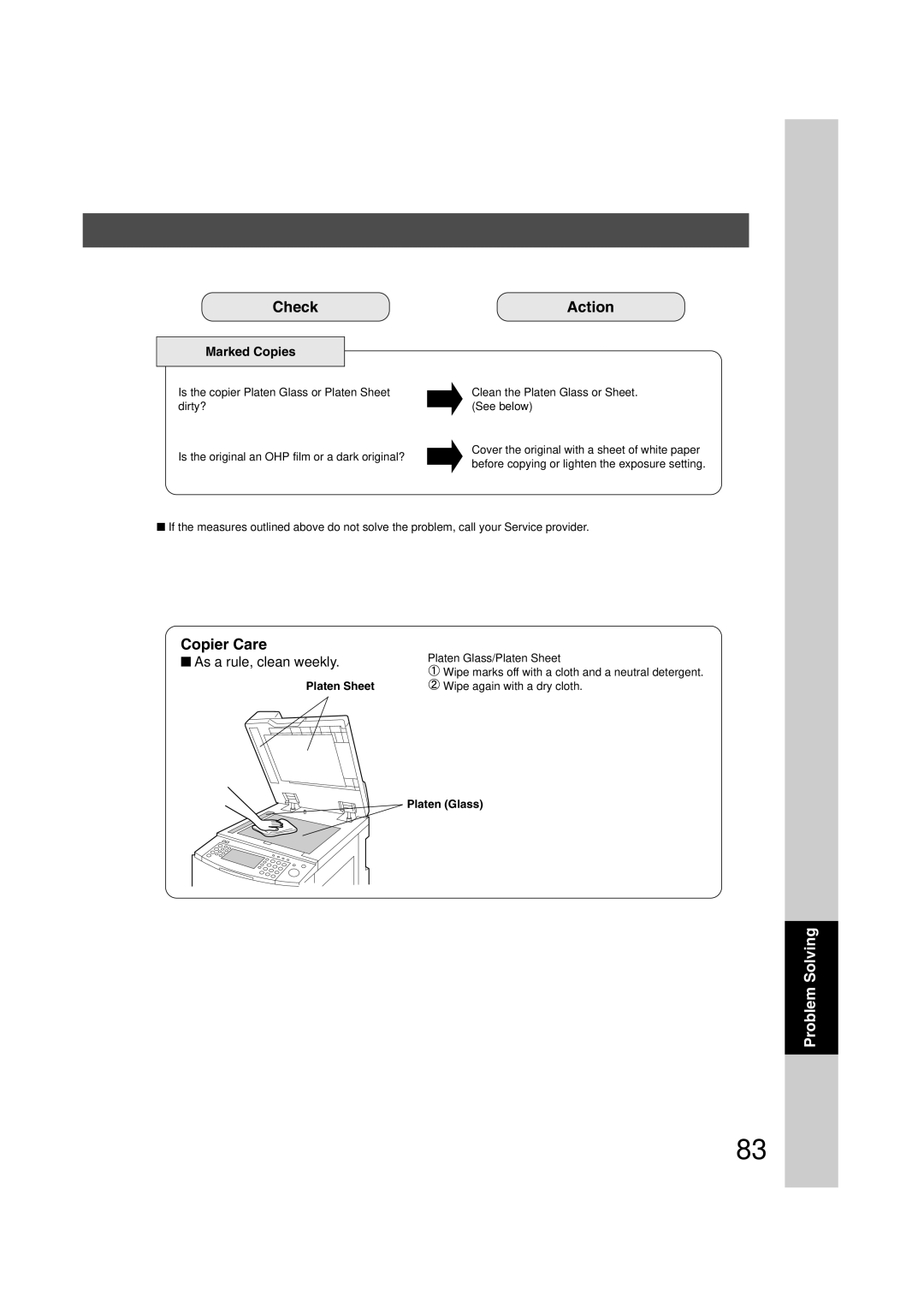 Panasonic 6020, 4520 manual Copier Care, Marked Copies, Platen Sheet, Platen Glass 