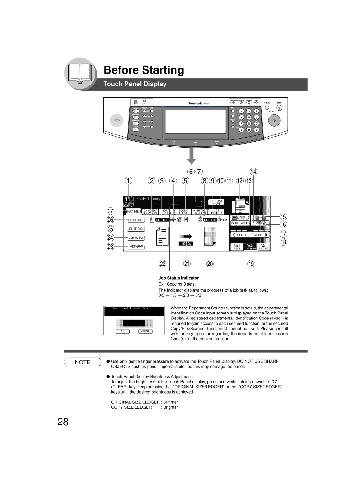 Panasonic 4520, 6020 manual Touch Panel Display, Before Starting, Job Status Indicator 