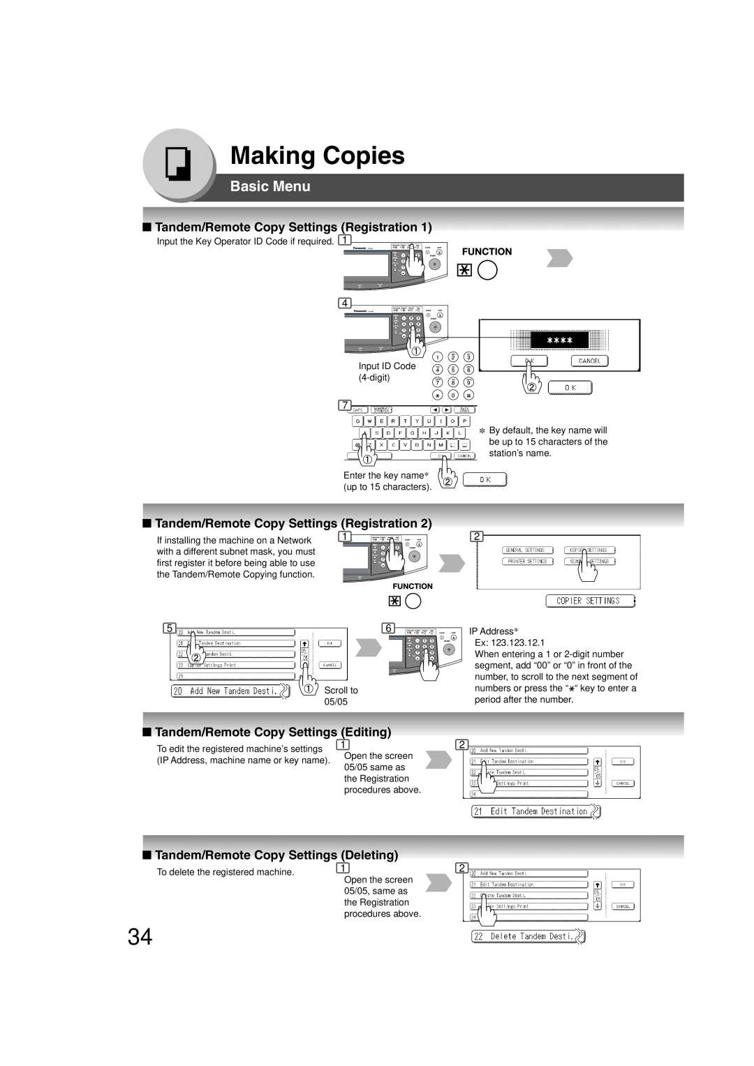 Panasonic 4520 Tandem/Remote Copy Settings Registration, Tandem/Remote Copy Settings Editing, Making Copies, Basic Menu 