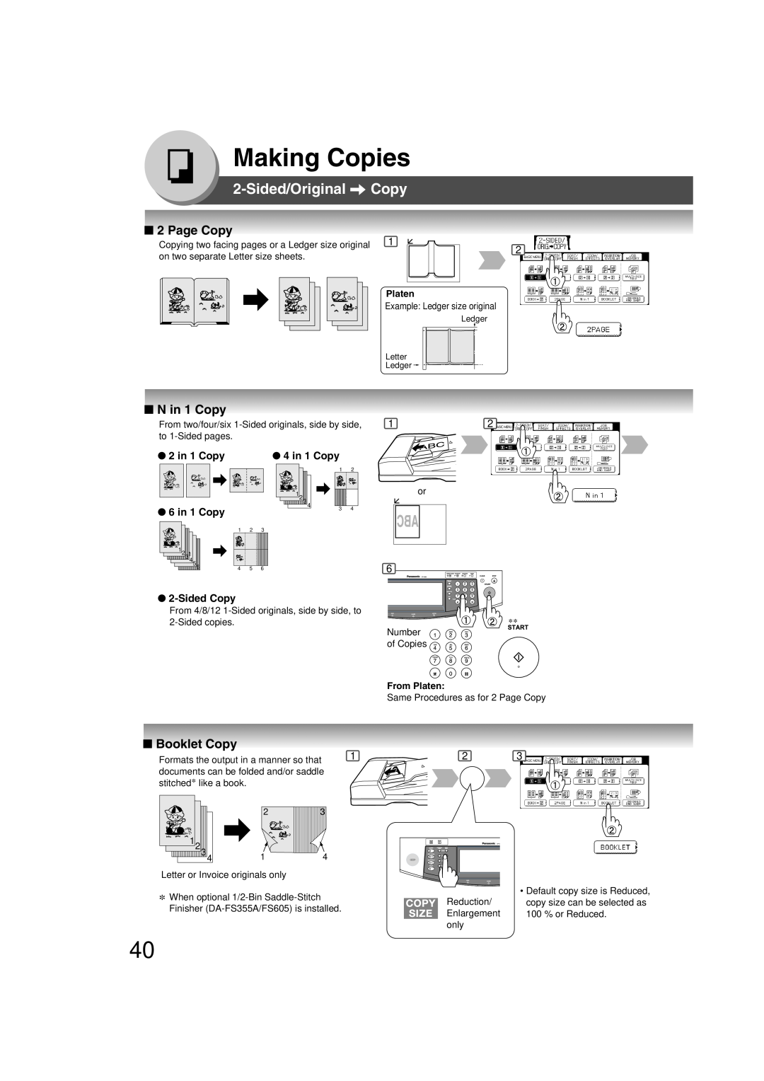 Panasonic 4520, 6020 Page Copy, N in 1 Copy, Booklet Copy, Making Copies, Sided/Original Copy, 2 in 1 Copy 6 in 1 Copy 