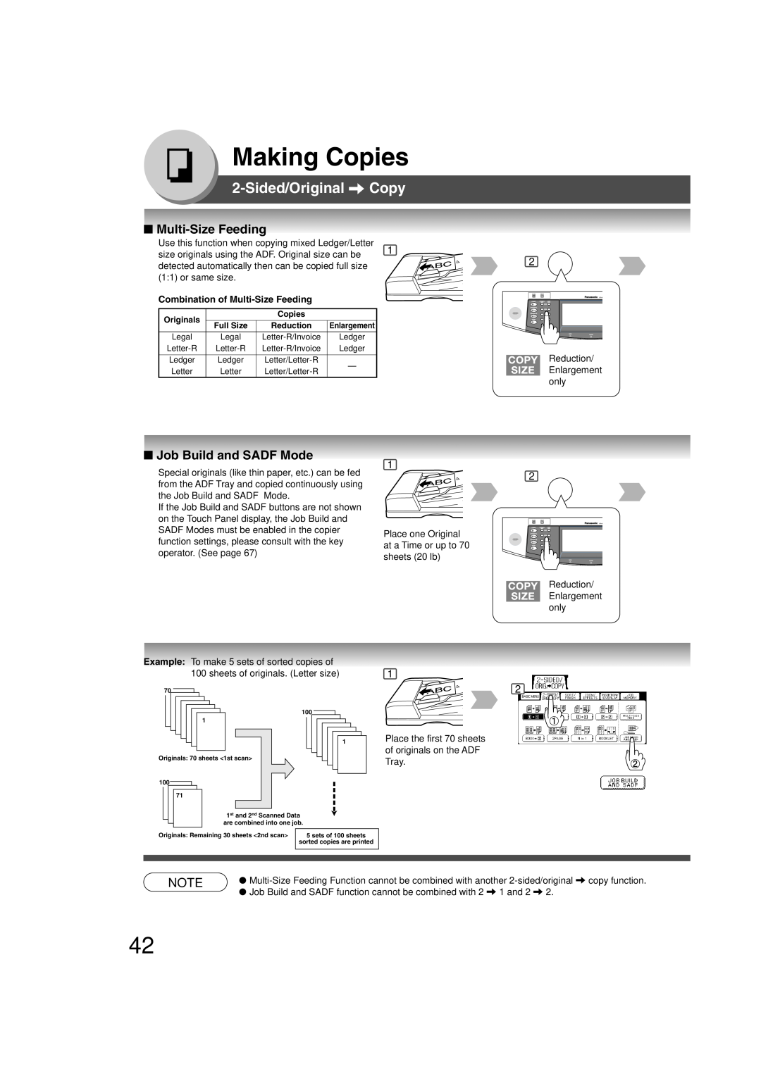 Panasonic 4520, 6020 manual Multi-Size Feeding, Job Build and SADF Mode, Making Copies, Sided/Original Copy 