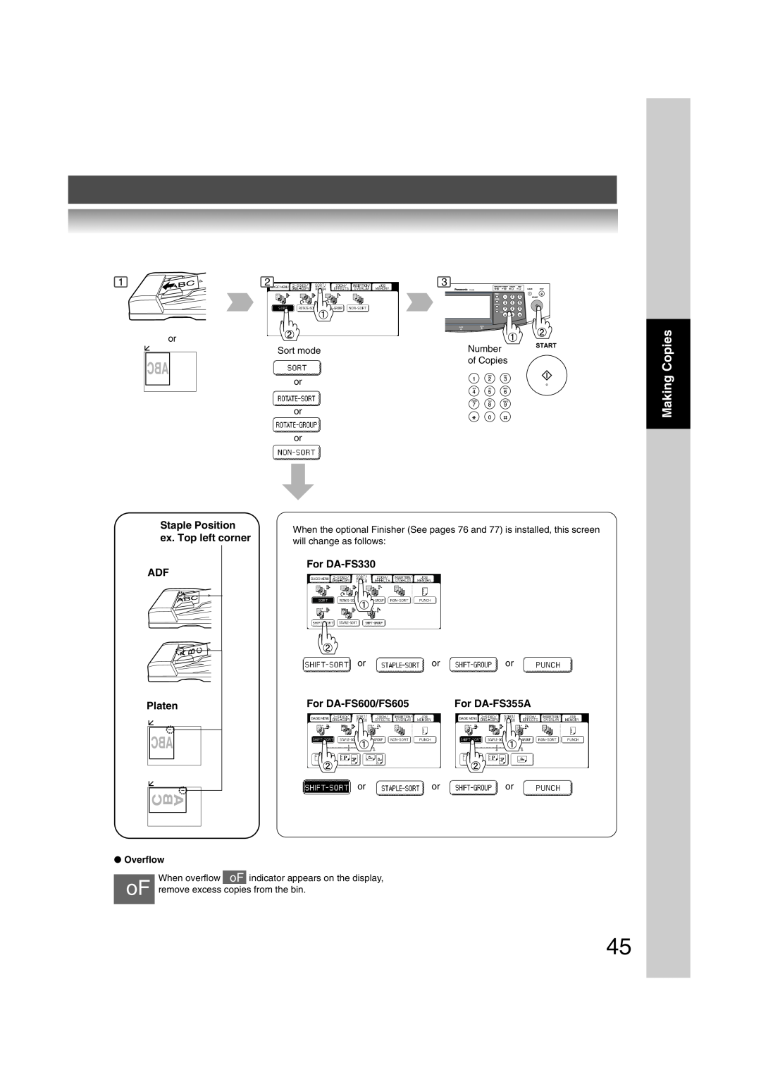 Panasonic 6020 Making Copies, Staple Position, ex. Top left corner, For DA-FS330, Platen, For DA-FS600/FS605, Sort mode 