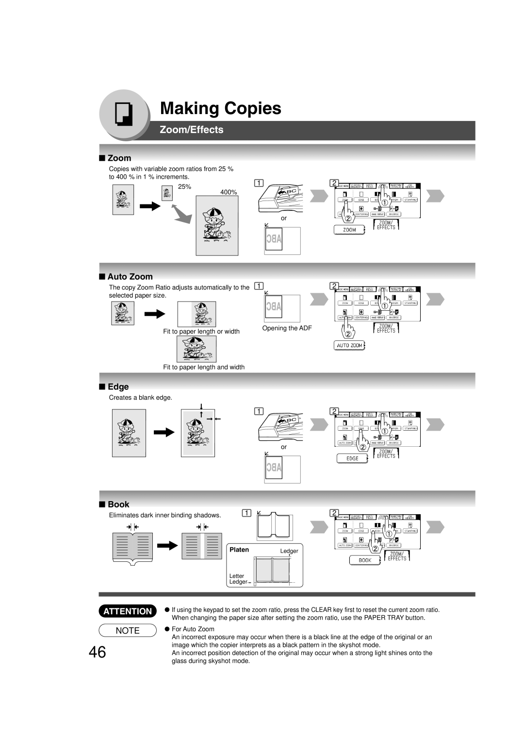 Panasonic 4520, 6020 manual Zoom/Effects, Auto Zoom, Edge, Book, Making Copies 