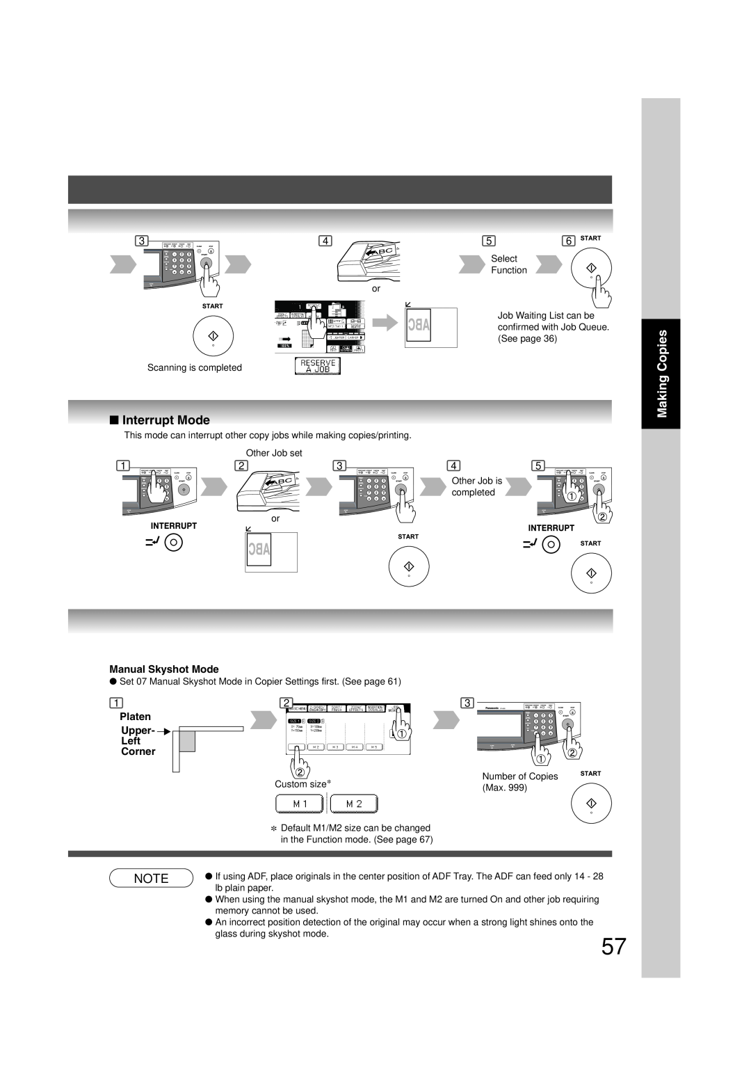 Panasonic 6020, 4520 manual Interrupt Mode, Making Copies, Manual Skyshot Mode, Platen Upper Left Corner 