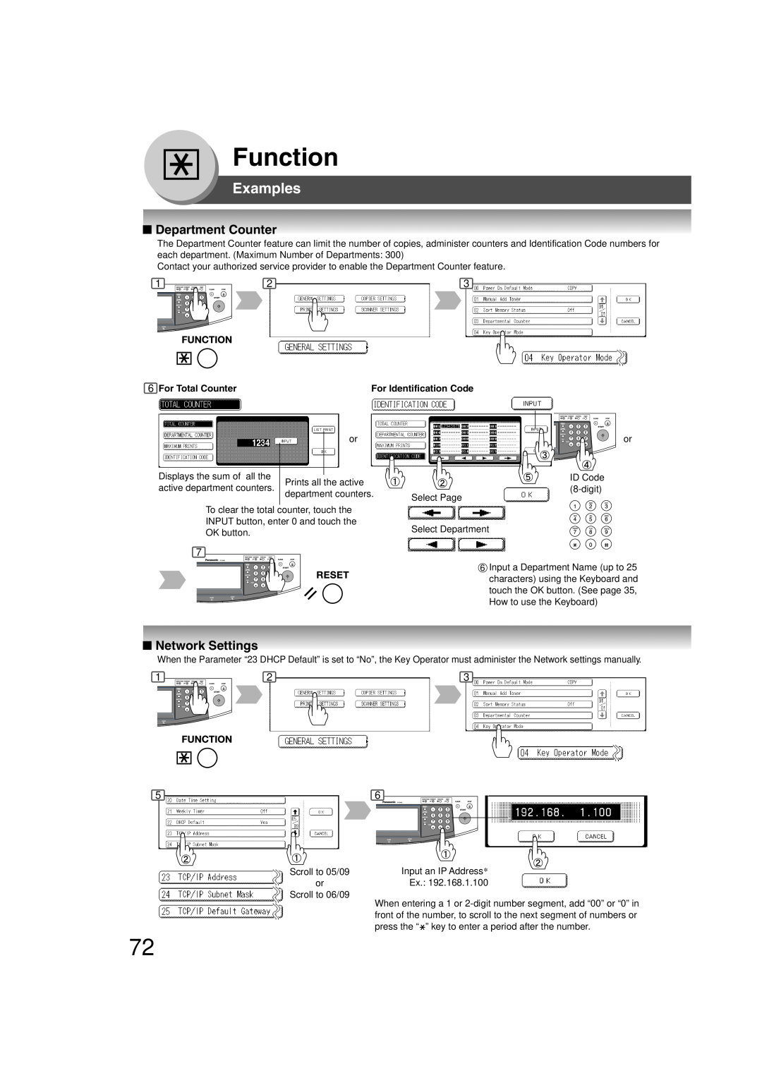 Panasonic 4520, 6020 Department Counter, Network Settings, Function, Examples, For Total Counter, For Identification Code 