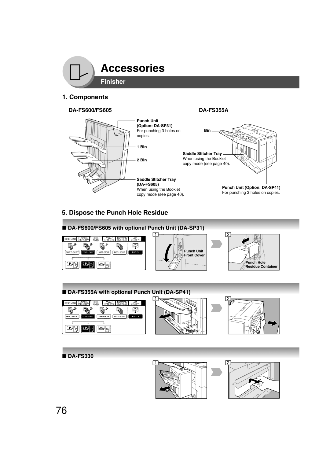 Panasonic 4520 Finisher, Components, Dispose the Punch Hole Residue, DA-FS600/FS605, DA-FS355A, DA-FS330, Accessories 