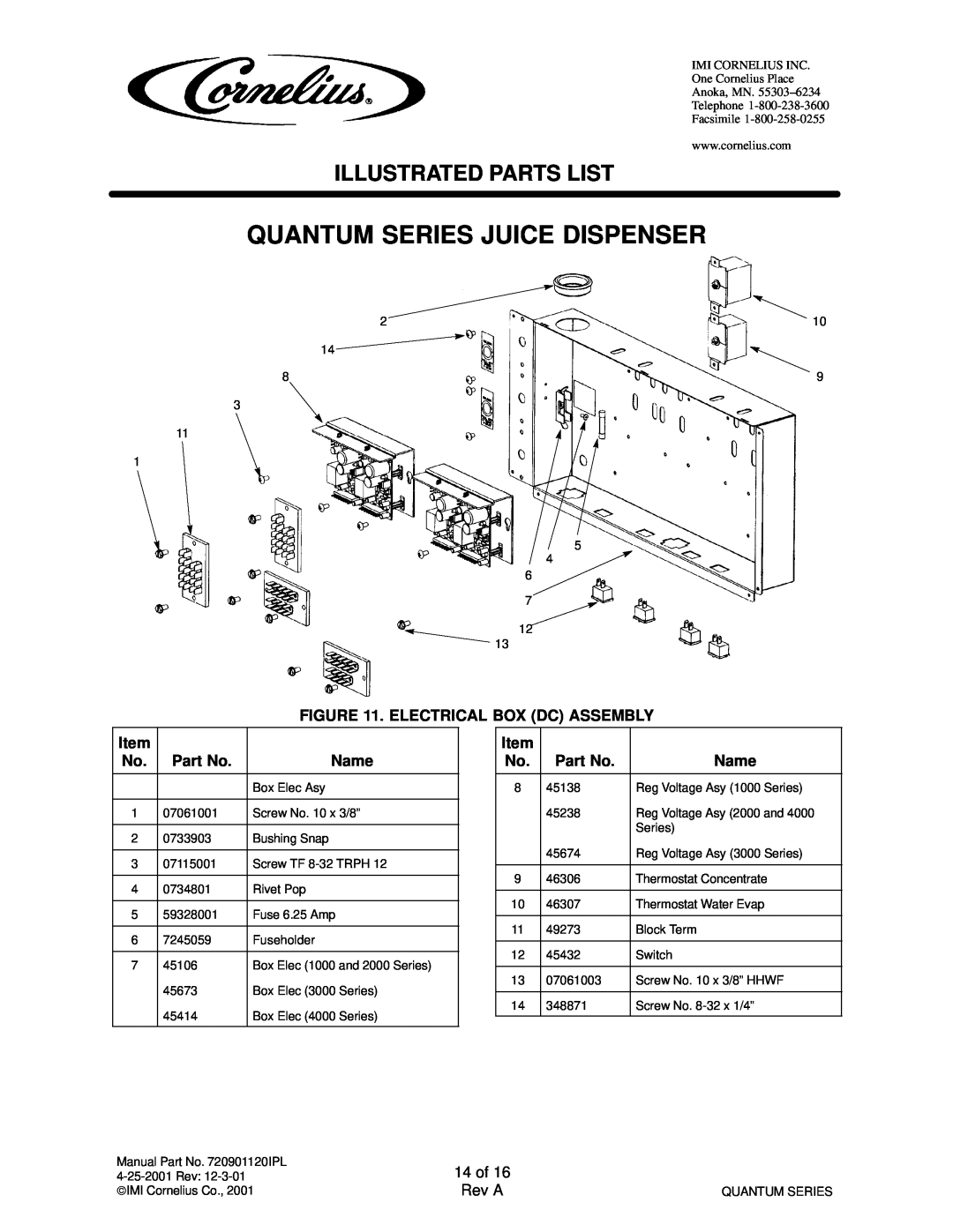 Panasonic 45200002 Quantum Series Juice Dispenser, Illustrated Parts List, Electrical Box Dc Assembly, Name, 14 of, Rev A 