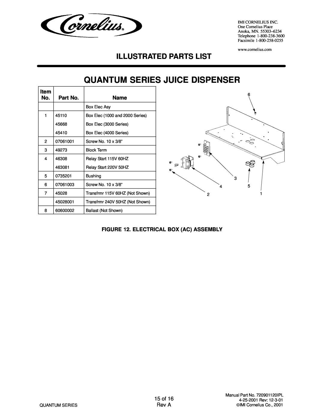 Panasonic 45200101 Quantum Series Juice Dispenser, Illustrated Parts List, Name, Electrical Box Ac Assembly, 15 of, Rev A 