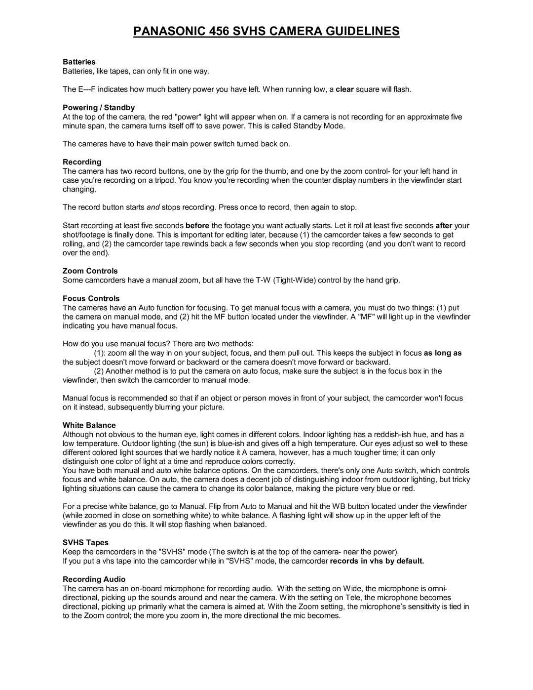 Panasonic 456 manual Batteries, Powering / Standby, Recording, Zoom Controls, Focus Controls, White Balance, Svhs Tapes 