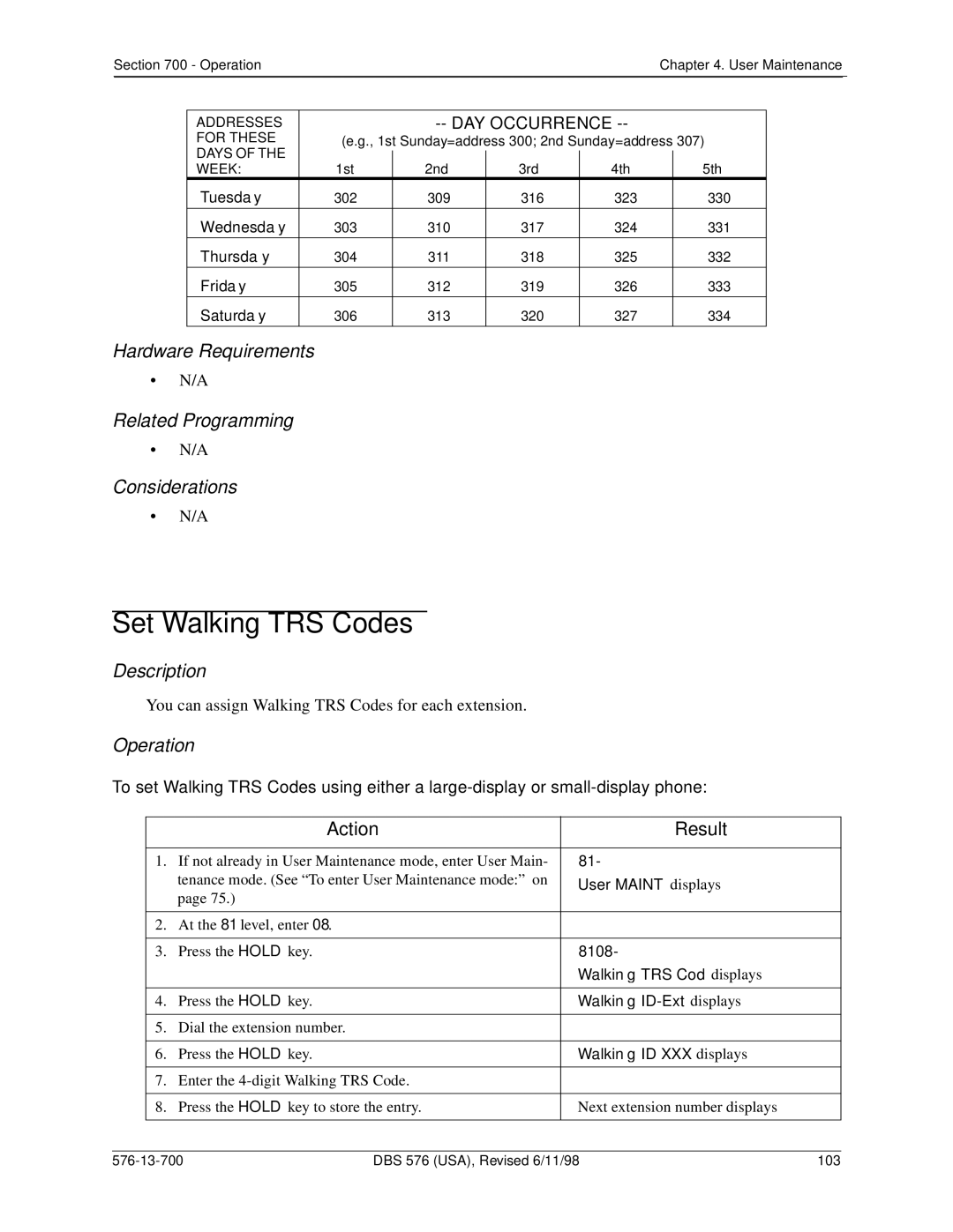 Panasonic 524X07801B manual Set Walking TRS Codes 