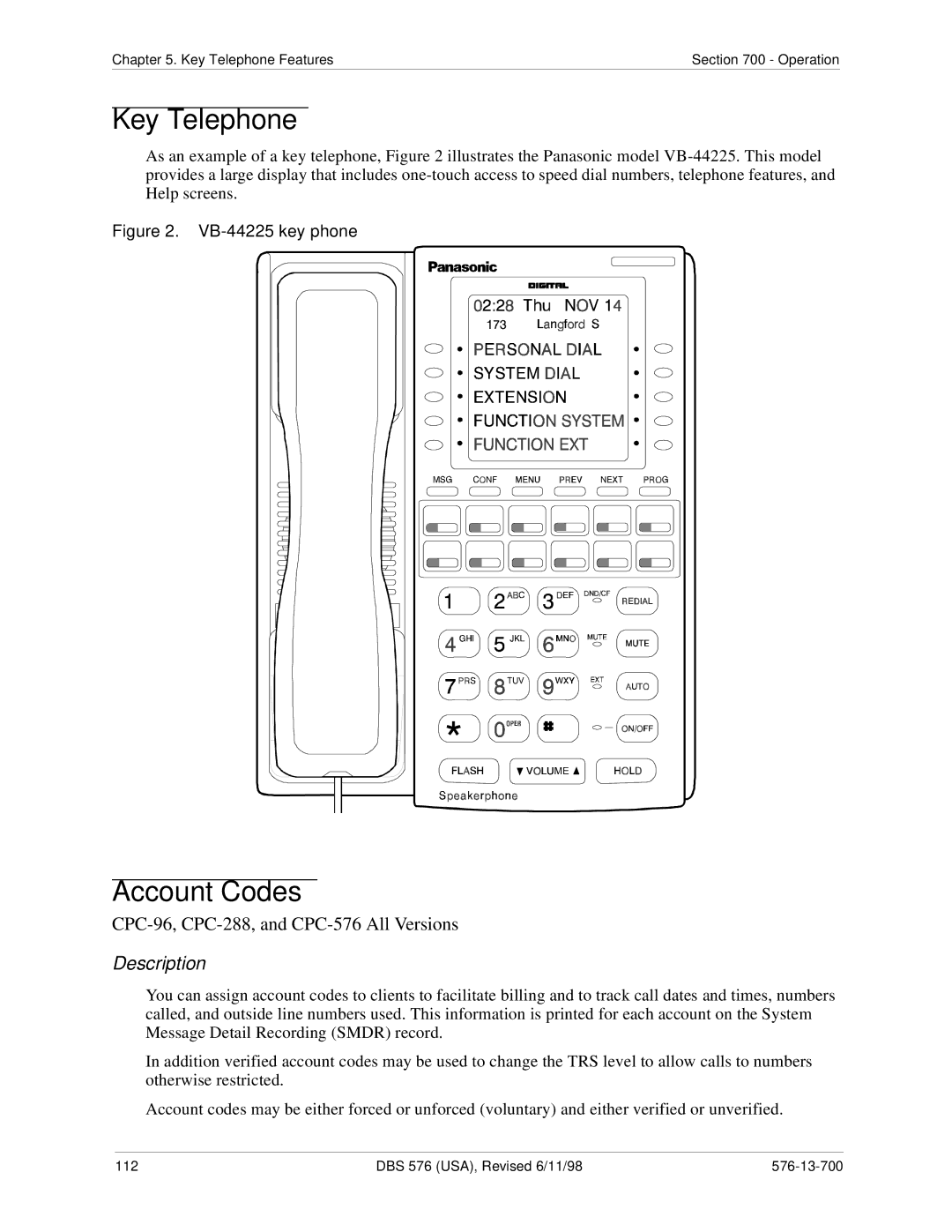 Panasonic 524X07801B manual Key Telephone, Account Codes 