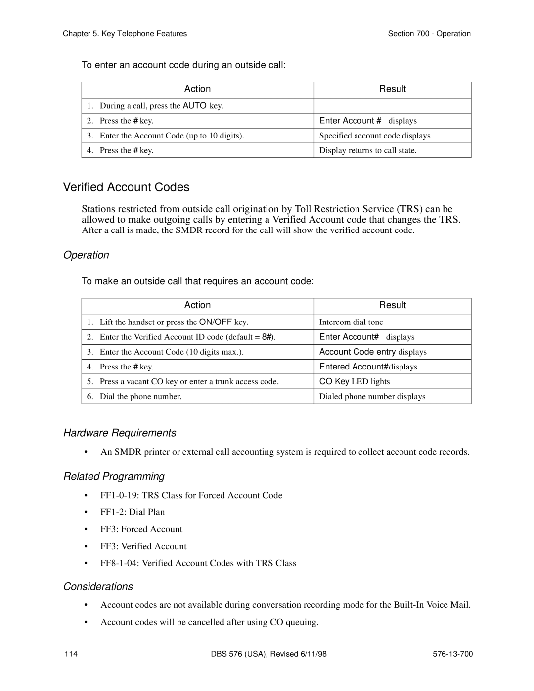 Panasonic 524X07801B Verified Account Codes, To enter an account code during an outside call, Enter Account# displays 