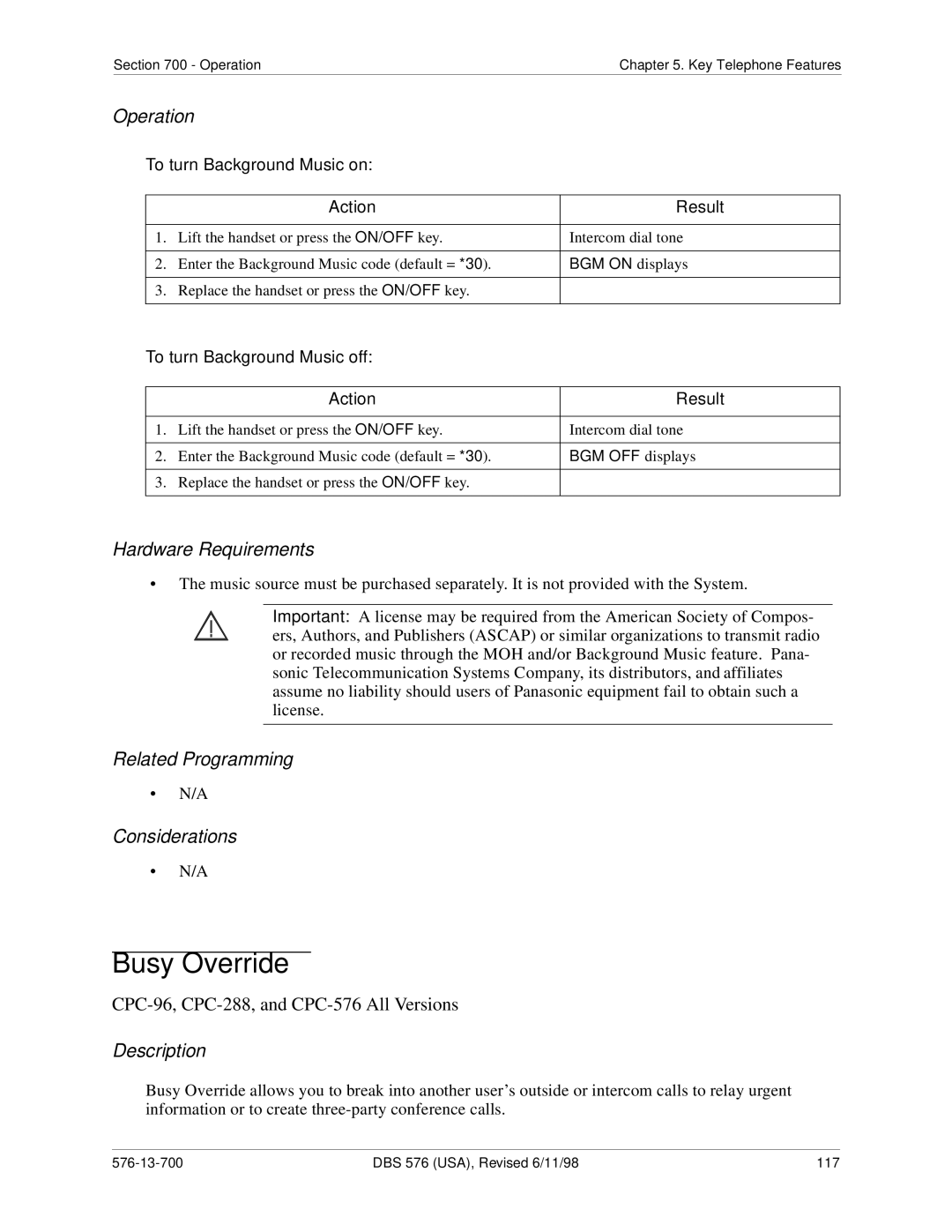 Panasonic 524X07801B manual Busy Override, To turn Background Music on, To turn Background Music off, BGM OFF displays 