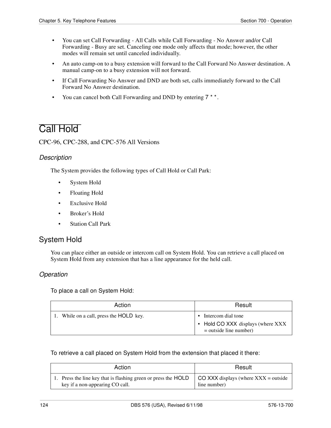 Panasonic 524X07801B manual Call Hold, To place a call on System Hold 