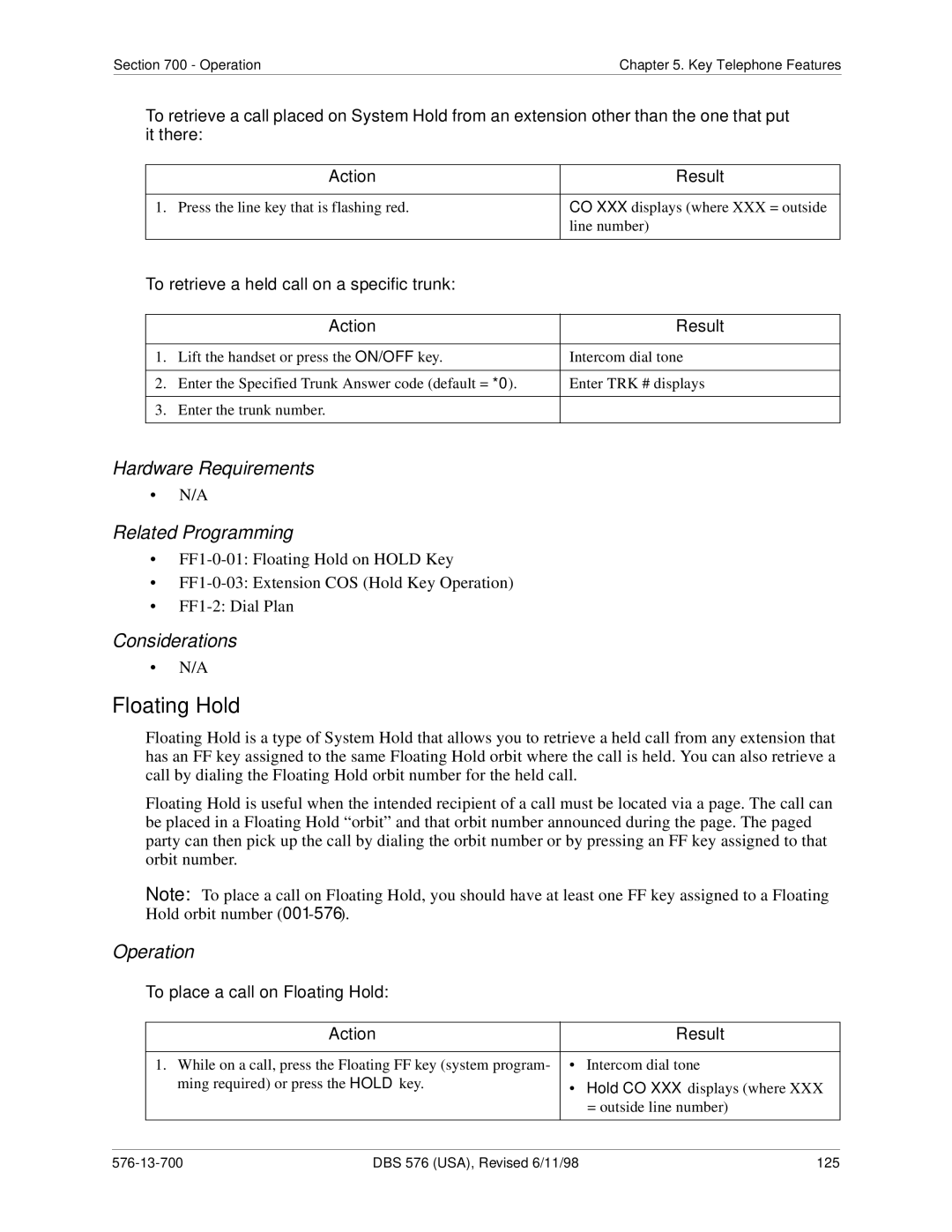 Panasonic 524X07801B manual To retrieve a held call on a specific trunk, To place a call on Floating Hold 