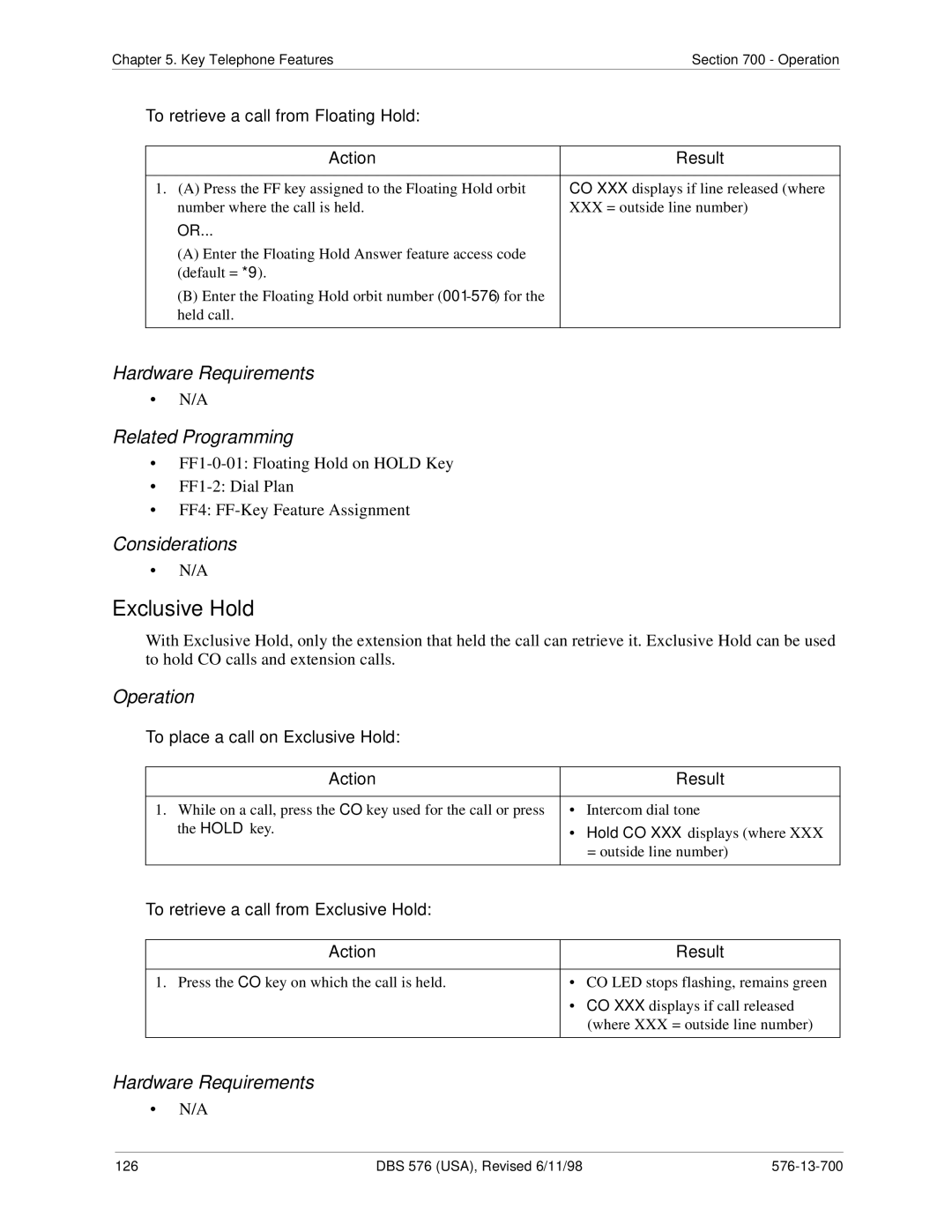 Panasonic 524X07801B manual To retrieve a call from Floating Hold, To place a call on Exclusive Hold 