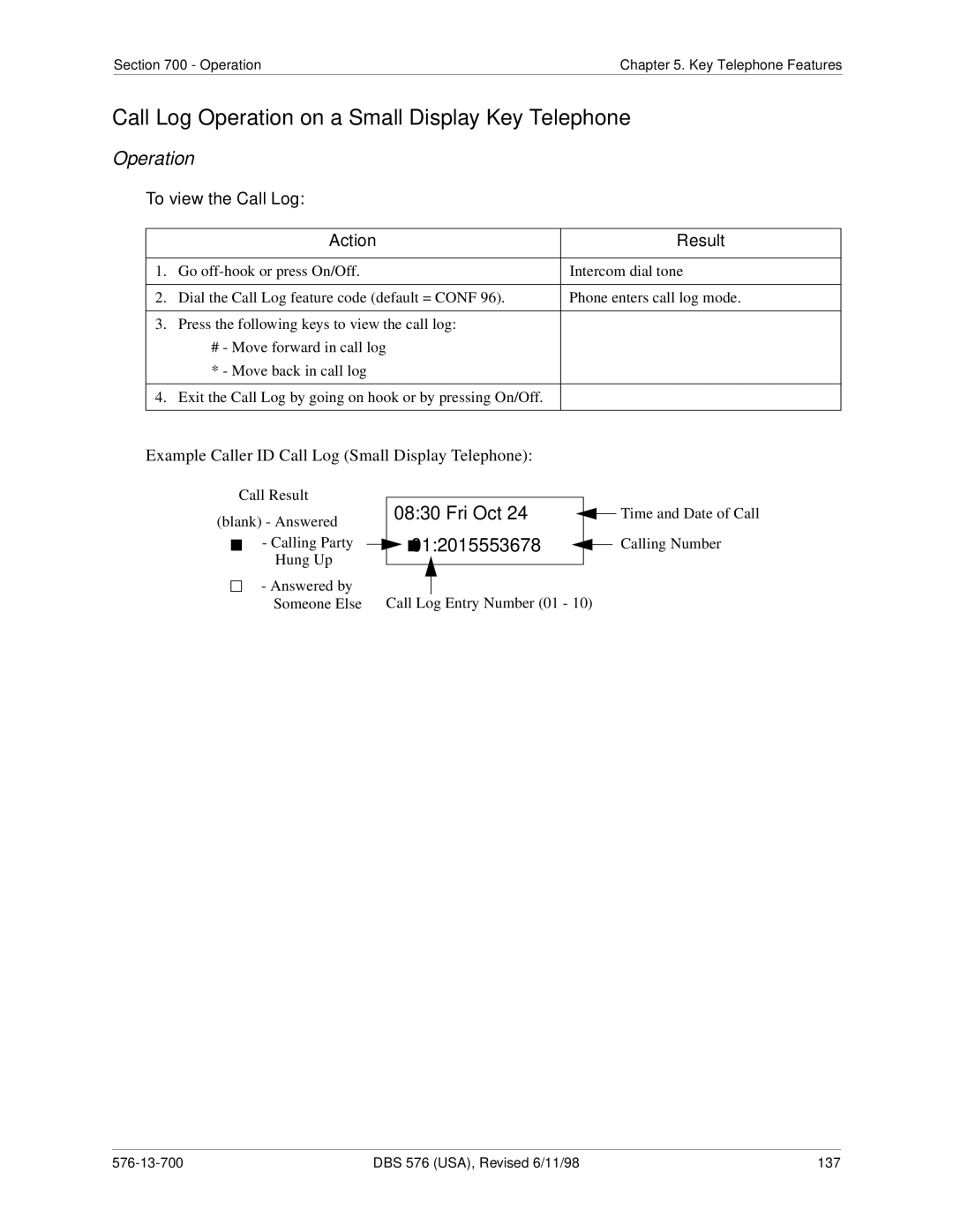 Panasonic 524X07801B manual Call Log Operation on a Small Display Key Telephone, To view the Call Log 