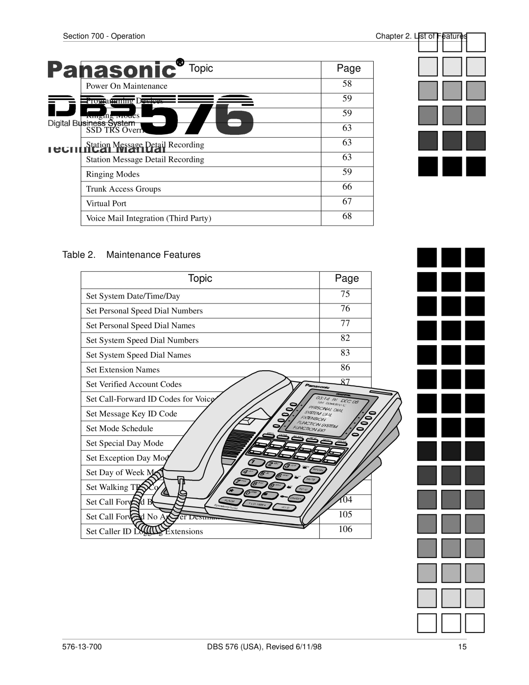 Panasonic 524X07801B manual Maintenance Features 