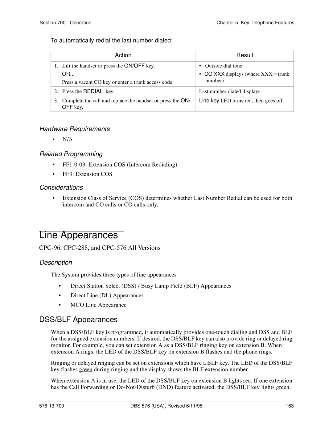 Panasonic 524X07801B manual Line Appearances, DSS/BLF Appearances, To automatically redial the last number dialed 