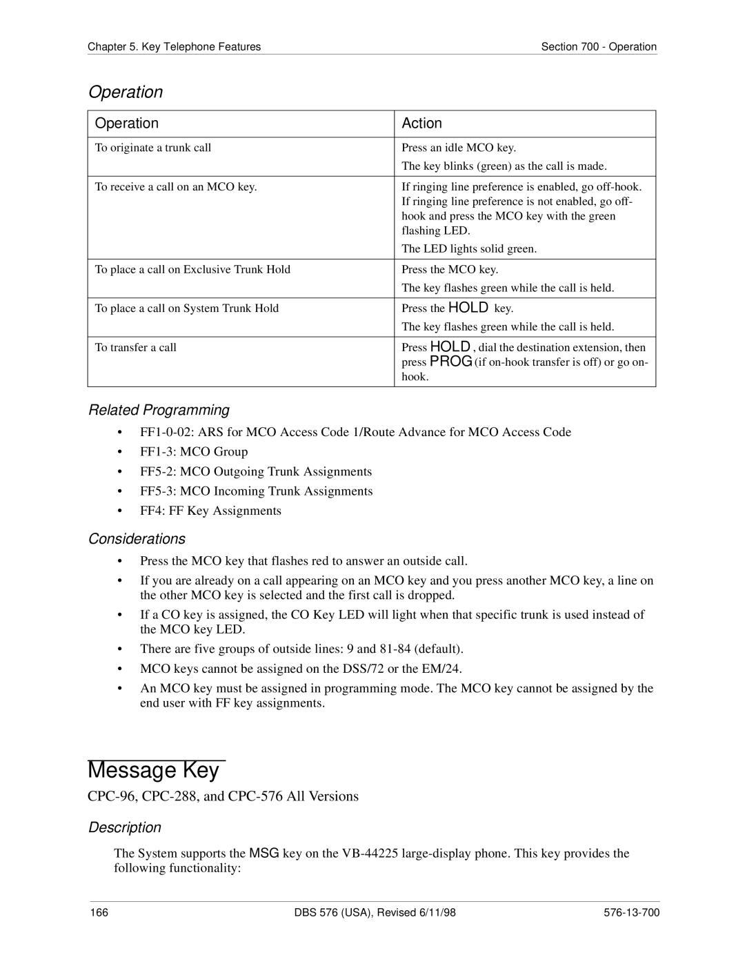 Panasonic 524X07801B manual Message Key, Operation 