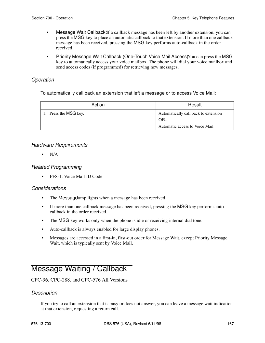 Panasonic 524X07801B manual Message Waiting / Callback 