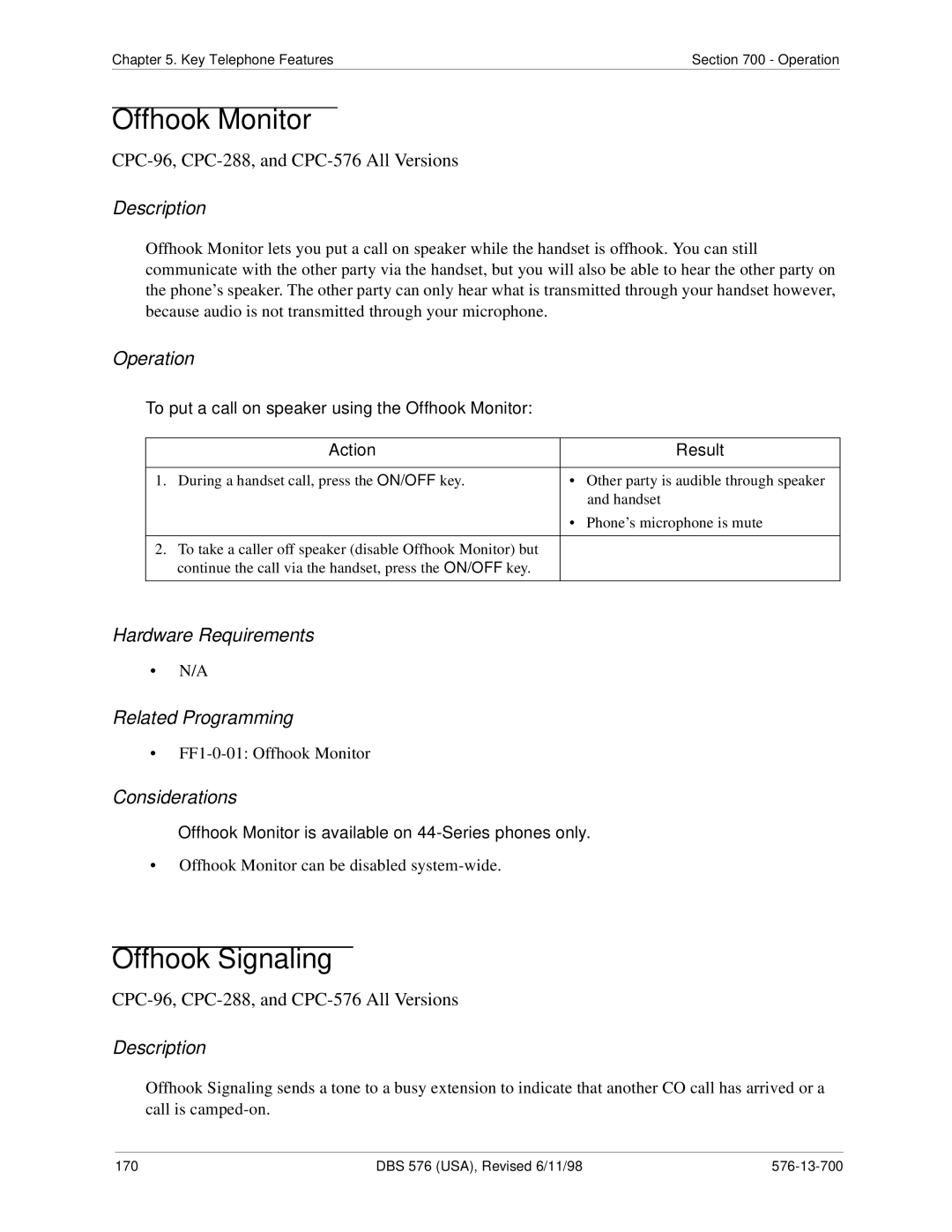 Panasonic 524X07801B manual Offhook Signaling, To put a call on speaker using the Offhook Monitor 