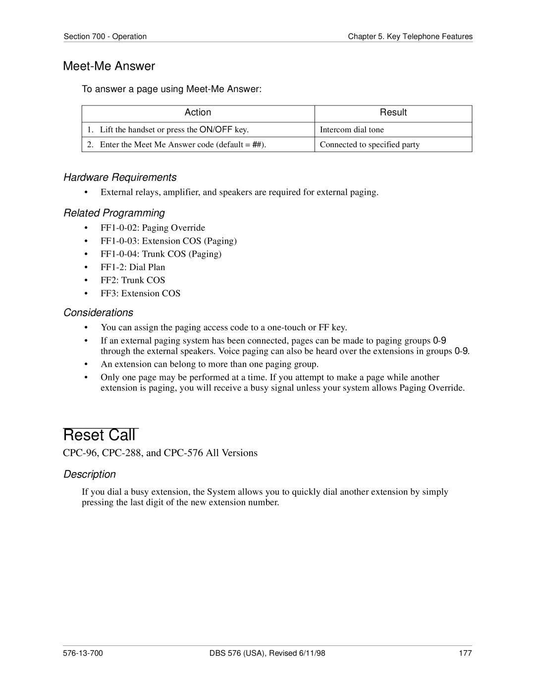 Panasonic 524X07801B manual Reset Call, To answer a page using Meet-Me Answer 