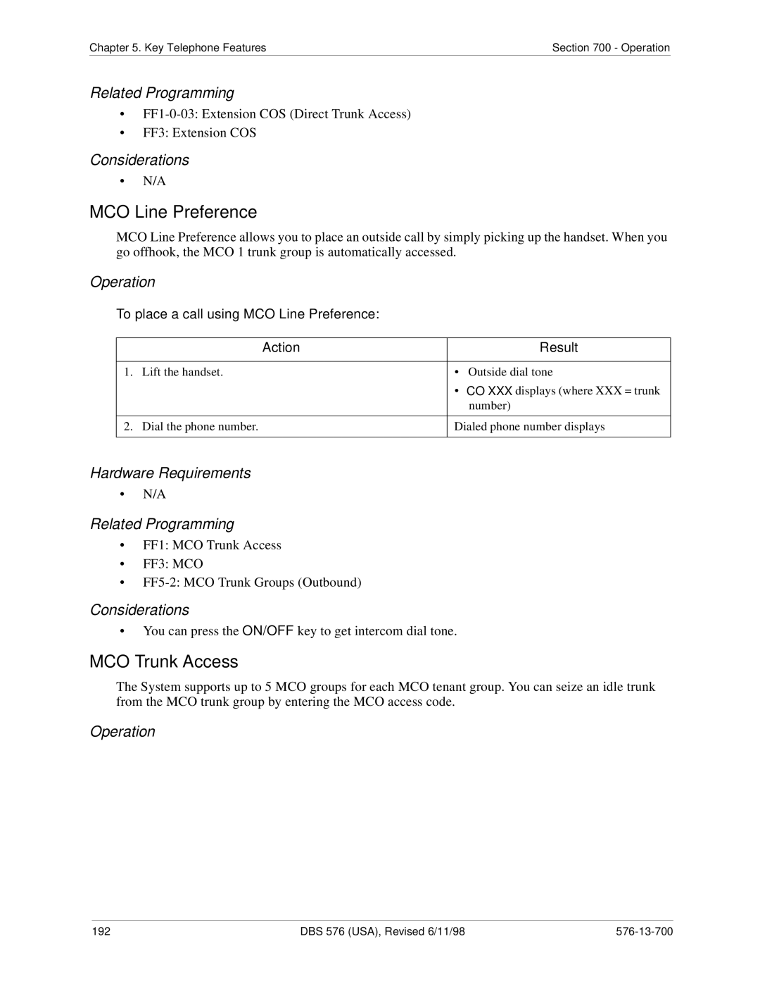 Panasonic 524X07801B manual MCO Trunk Access, To place a call using MCO Line Preference 